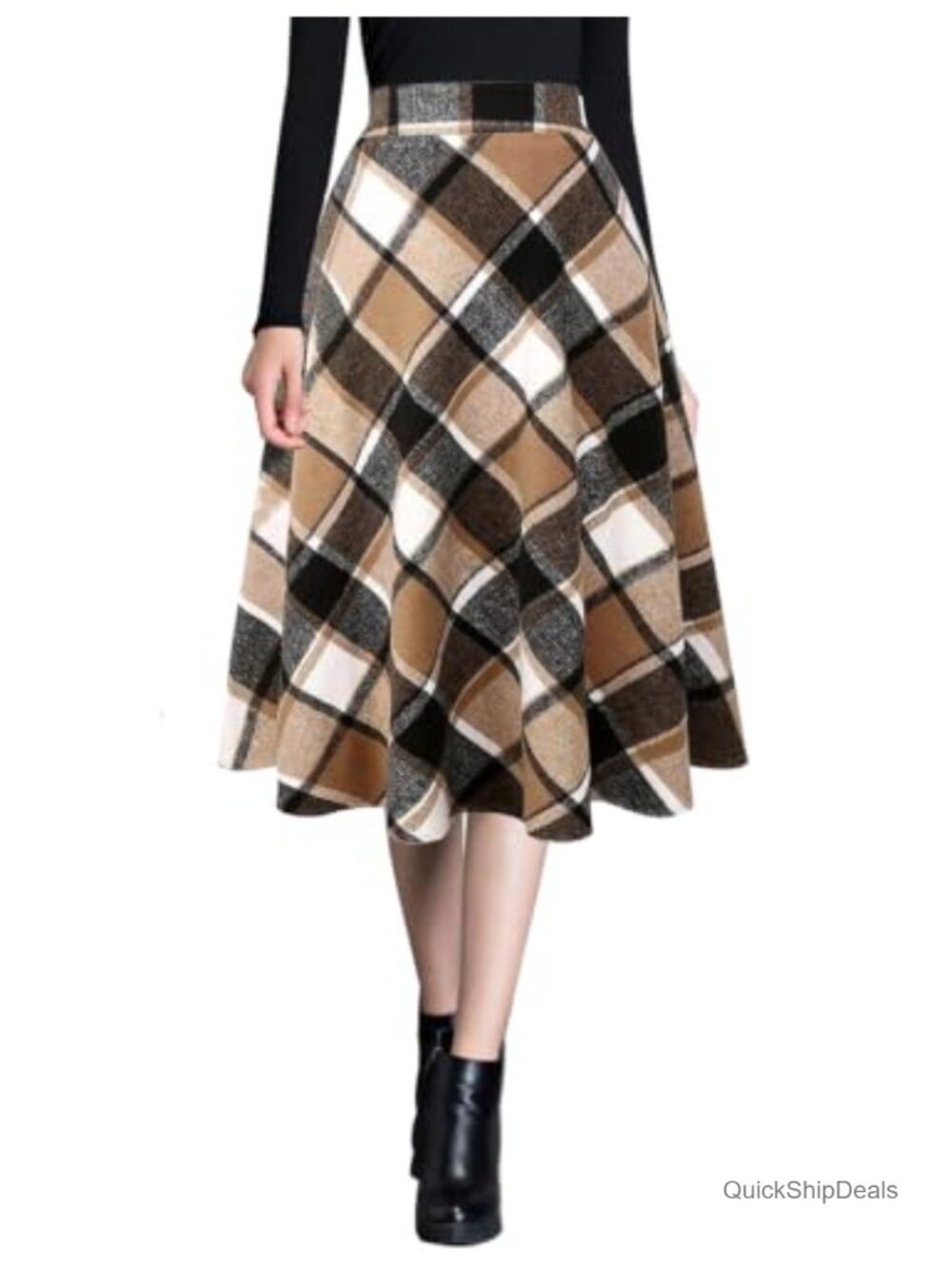 Wool Blend Midi Skirt High Waist A Line Flare Pockets Winter Office